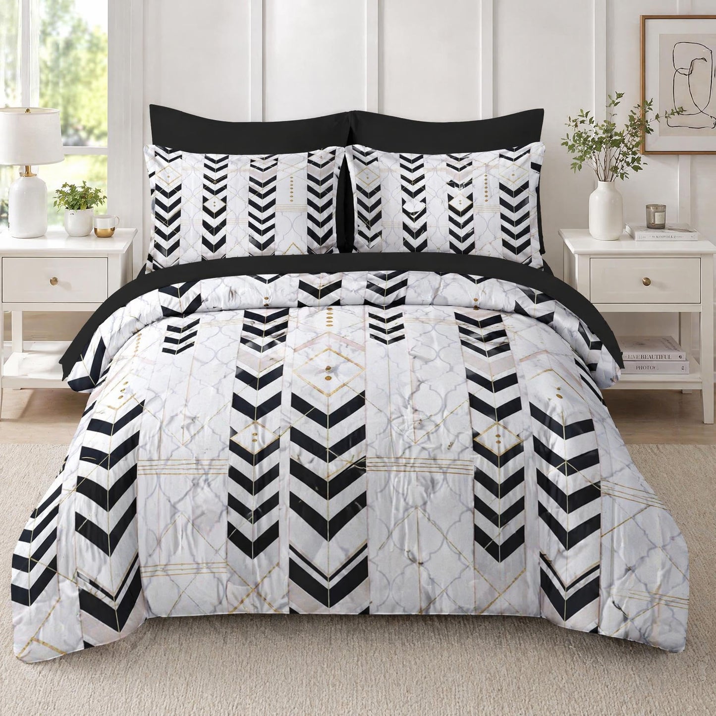 Boewywh Comforter Set Twin Size Geometric Gold Modern 7 Pcs, Bedding for Kids and Adults, Black Boho Bed Sheet Sets with Fitted Sheet 2 Pillowcases & 2 Shams for Bedroom Bed Decor