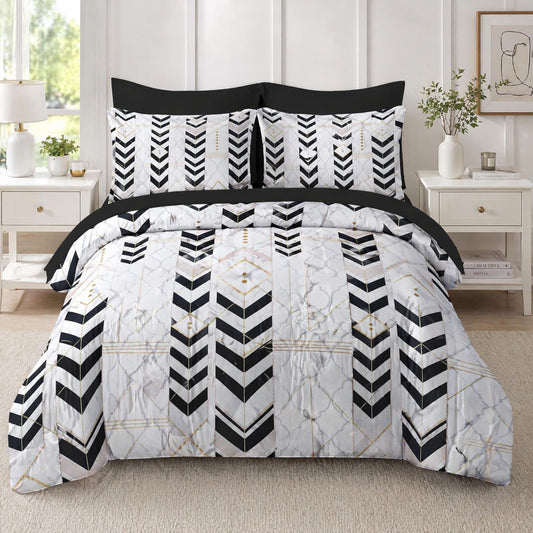 Boewywh Comforter Set Twin Size Geometric Gold Modern 7 Pcs, Bedding for Kids and Adults, Black Boho Bed Sheet Sets with Fitted Sheet 2 Pillowcases & 2 Shams for Bedroom Bed Decor