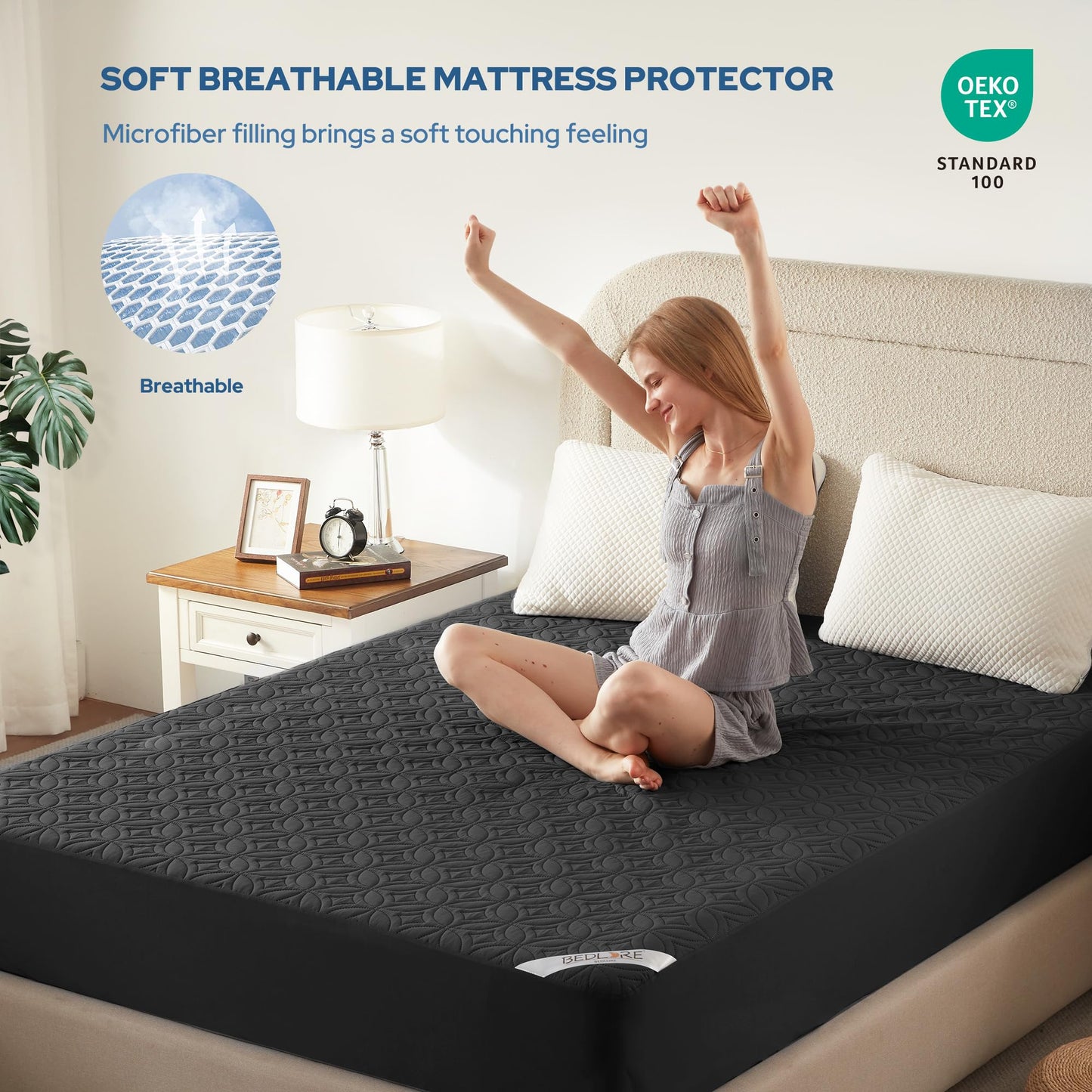 BEDLORE Waterproof Mattress Protector, Twin XL Size Mattress Pad with Deep Pocket 6"-15" Depth, Soft Breathable Dirt-Proof Bed Mattress Cover for Bedroom, College Dorm (Black)