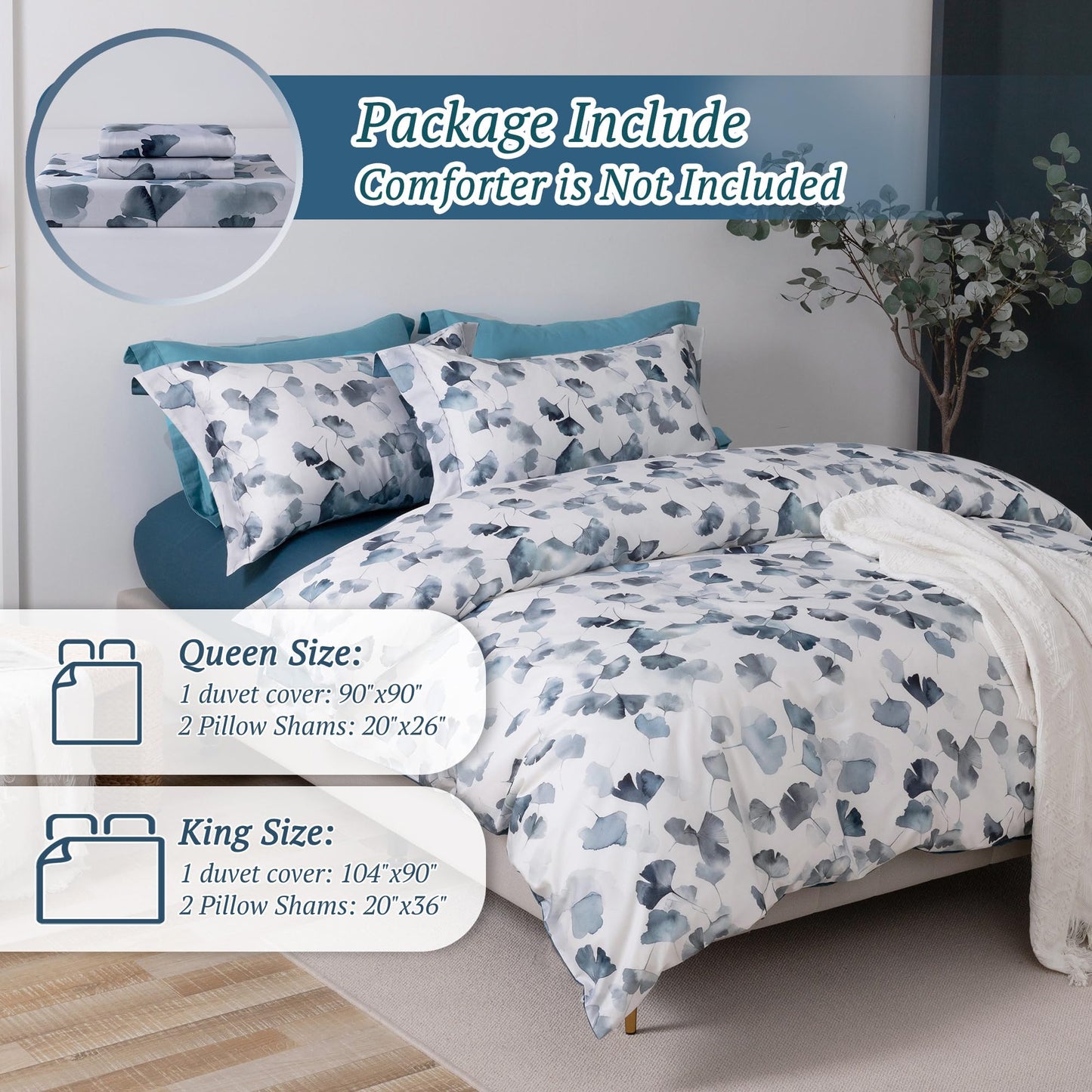 MILDLY 100% Long-Staple Cotton Duvet Cover Set Light Navy Ginkgo Leaf Pattern Printed Comforter Cover 3pcs, Ultra Soft & Breathable Bedding Set