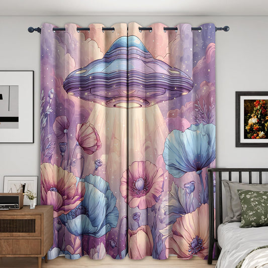 Spaceship UFO Curtains Blackout, 39 Inch - Sci Fi Floral Spacecraft Curtains for Home Decor, Kitchen, Bedroom, Spaceship UFO Room Decor Grommet Window Drapes, 2 Panels Set 27.5x39 U569