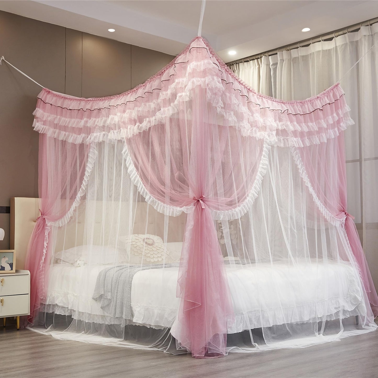 NXGIO Bed Canopy Curtain Double Layer 4 Corners Post Lace Up Ruffle Princess Drape Netting 4 Opening Mosquito Net for Girls Bedroom Decoration (Pink/White, 53" W*78" L*82" H/Full)