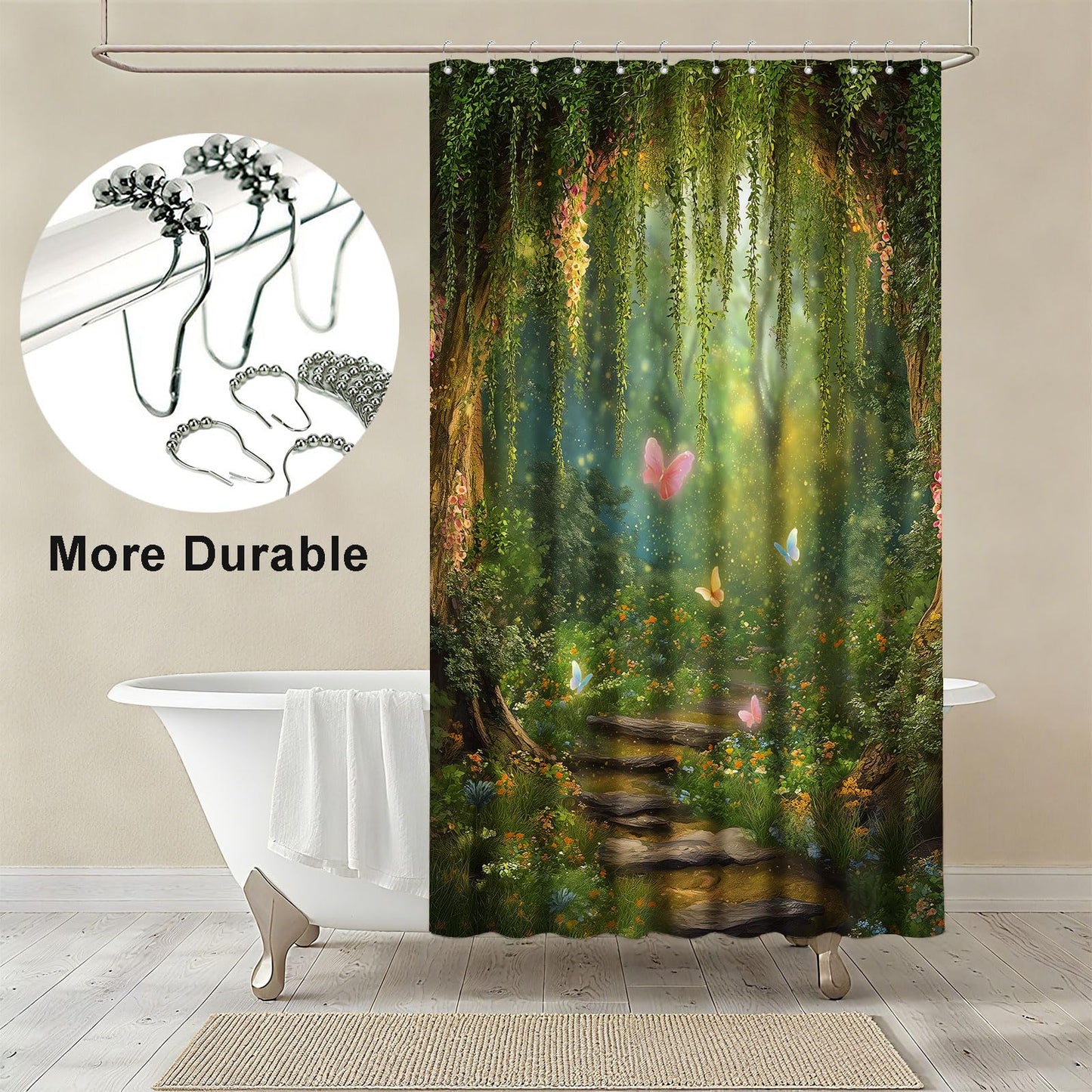 mutakin Green Tree Shower Curtain Butterflies Shower Curtains for Bathroom Waterproof Fabric Bath Curtain Decor with Hooks