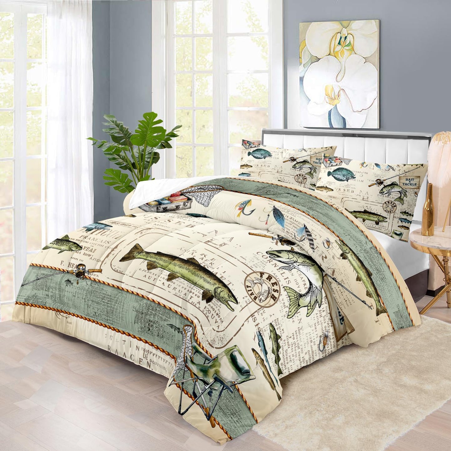 llyxsesty Fish Comforter Set Queen,Nautical Bedding Set Queen for Boy,Ocean Bedding Striped Quilt,Coastal Comforter Fishing Birthday Party Decorations,Nautical Quilt Fishing Decor for Kids and Adult