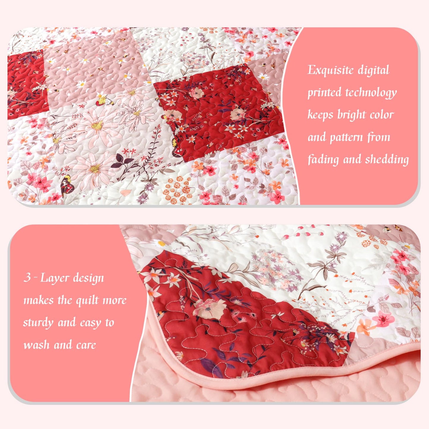 Whale Flotilla Patchwork Quilt King Size, Extra Soft Boho Floral Bedspreads for Bed Reversible Lightweight King Quilt Bedding Set Printed Coverlets with 2 Pillow Shams for All Seasons, Red