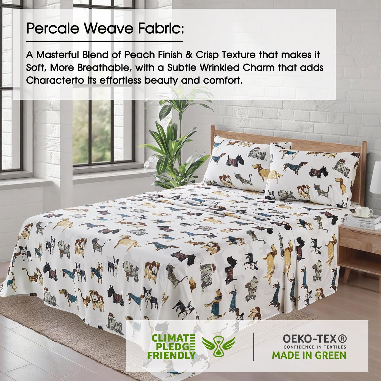 Ivellow Twin Sheets Set Kids 100% Natural Cotton Sheets Soft Breathable Lightweight Percale Bed Sheets 16" Deep Pocket Cartoon Dog Puppy Patterned Sheets Kids Twin Bedding Toddler Teen Dorm Essentials