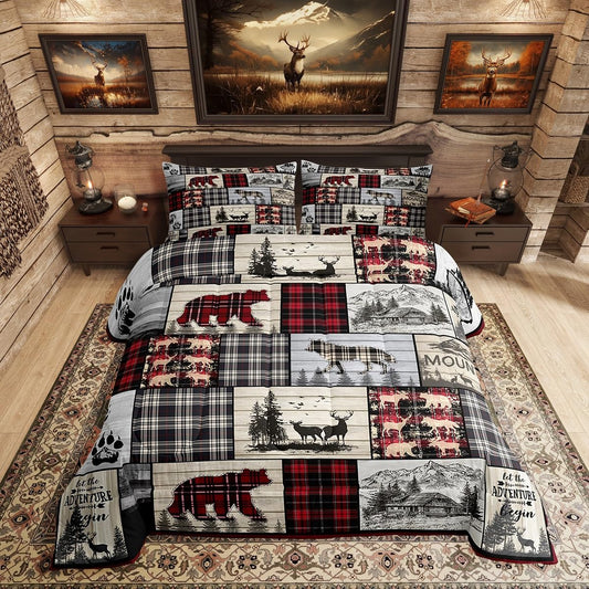 Rustic Cabin Comforter Set Queen Woodland Wolf Deer Bear Comforter For Kids Adults,Red Black Buffalo Plaid Bedding Set Wildlife Camping Lodge Mountain Quilt Bedding Southwestern Farmhouse Decor