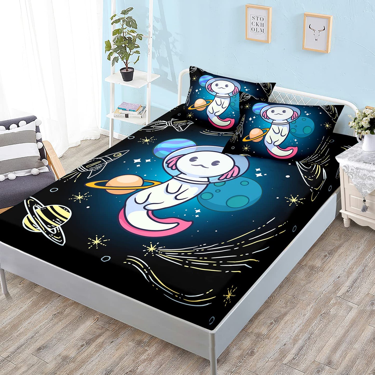 HOSIMA Axolotl Bedding Set for Kids Bedroom Decor,Space Cartoon Pattern Kawaii Set,Wildlife Animals Reptile Toddler Set,Full Size Fitted Sheet with 2 Pillowcase., Black, Full 55*75