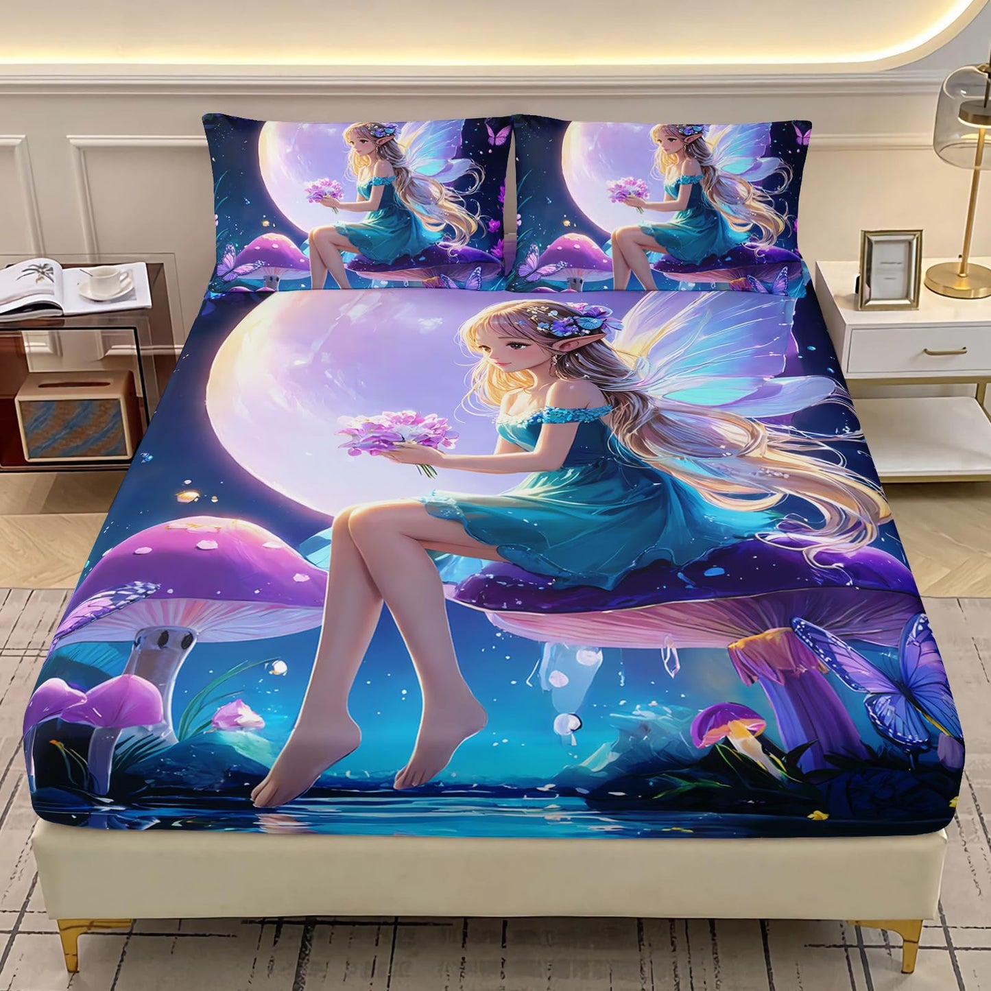 AILONEN Beautiful Fairy Girls Fitted Sheet Set Full Size, Purple Floral Butterfly Fairy Bedding Set,3-Piece Magic Mushroom Flower Fitted Sheet with 2 Pillowcases