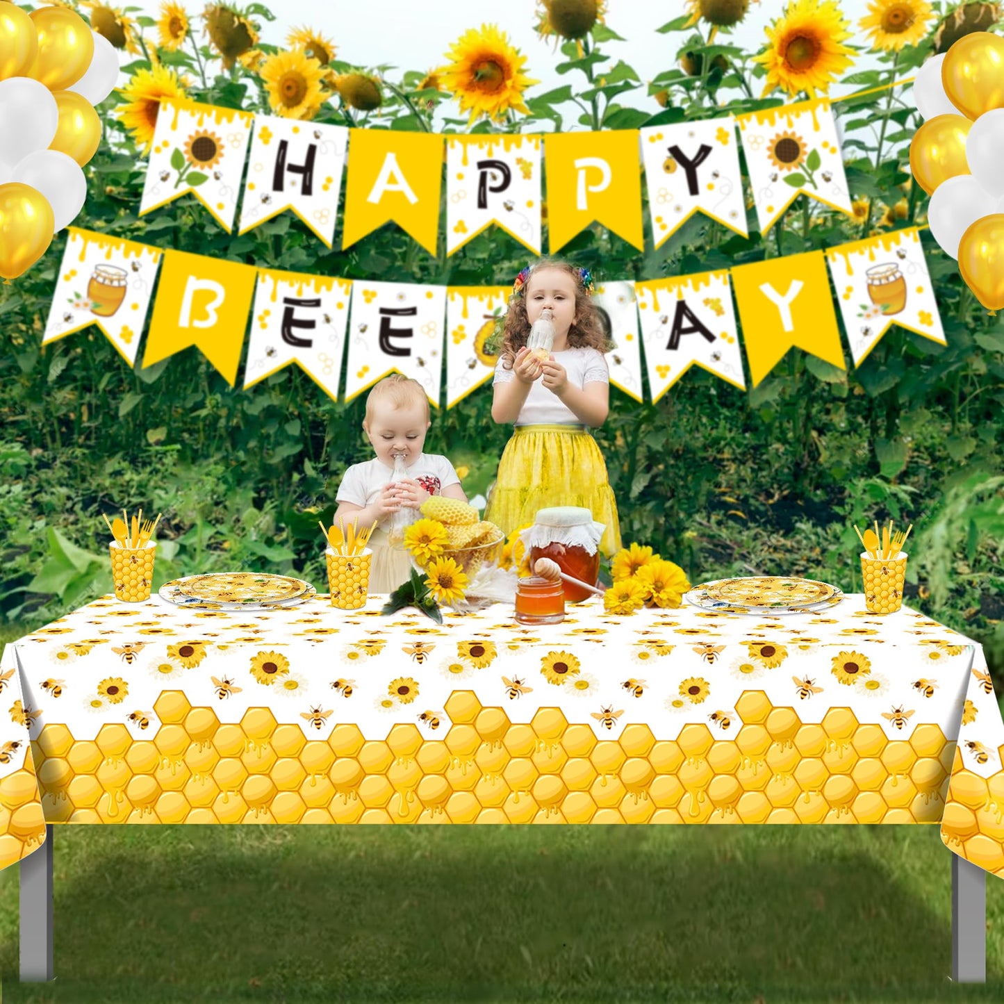 CC HOME 1Pc Bees Party Plastic Tablecloth 54 x 87 Inch Long Table Cover, Honey Sunflower Honeycomb Daisy Party Tablecover for Bee Kids Baby Shower Birthday Dinner Picnic Kitchen Event