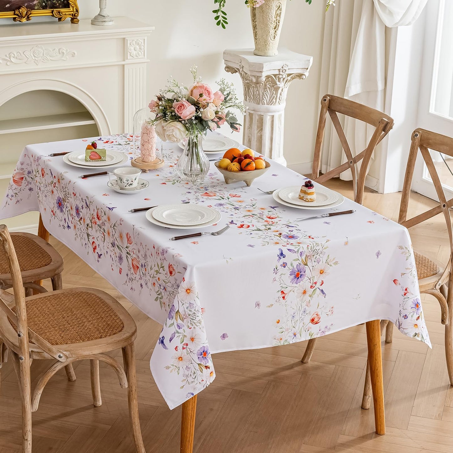 Joyfol Day Spring Florals Tablecloth, Tulips Wildflower Rectangle Table Cloth, Flowers Waterproof Table Covers for Easter, Birthday, Wedding, Mothers Day Tea Party Decorations, 84 x 60 Inch