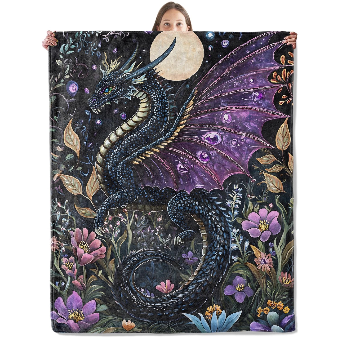 xmwjfd Mystical Moonlit Dragon Blanket, Cozy Plush Throw Blanket for Couch Bedroom Outdoor, Lightweight Soft Flannel Travel Blankets, Gifts for Women Adults Kids, Warm Decor 50"×60"