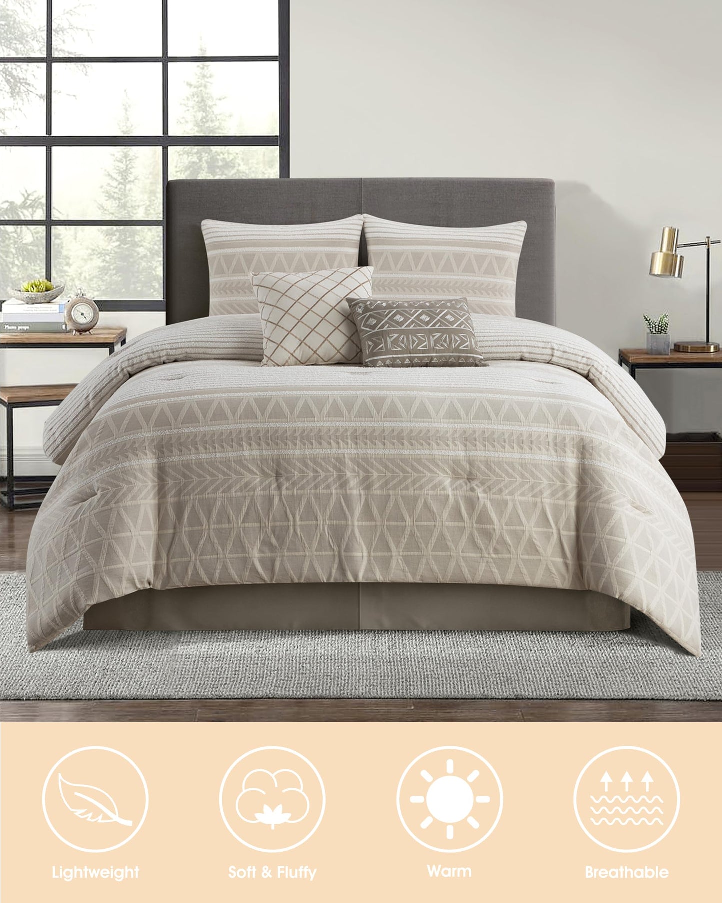 LANCO MODERN LIFESTYLE Cotton Comforter Set Queen, Gorgeous Geometric Jacquard, Beige Soft Lightweight Bedding Set for All Seasons, Bedskirt, Pillow Shams and Decor Pillows