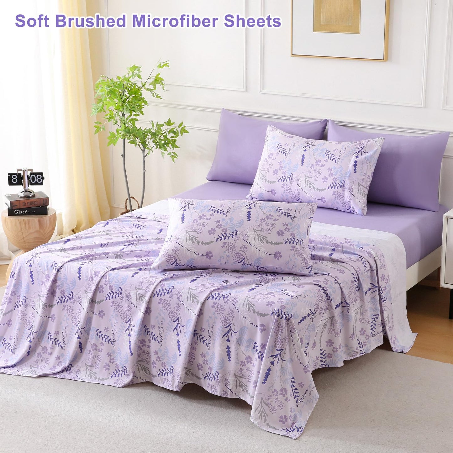 Botanical 6-Piece Full Size Sheets Set, Boho Floral Print Brushed Microfiber Sheets, Cooling Bed Sheet Set, Ultra Soft & Breathable, 16' Deep Pocket Fitted Sheet & Pillowcase Set, Purple Floral