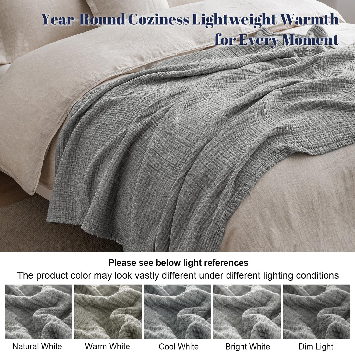 PHF 100% Cotton Muslin Throw Blanket 50" x 60", 4-Layer Lightweight Gauze Throw, Breathable Cloud-Soft Minimalist Blanket for Bed, Couch, Camping & Baby, Grey, Ideal Gift