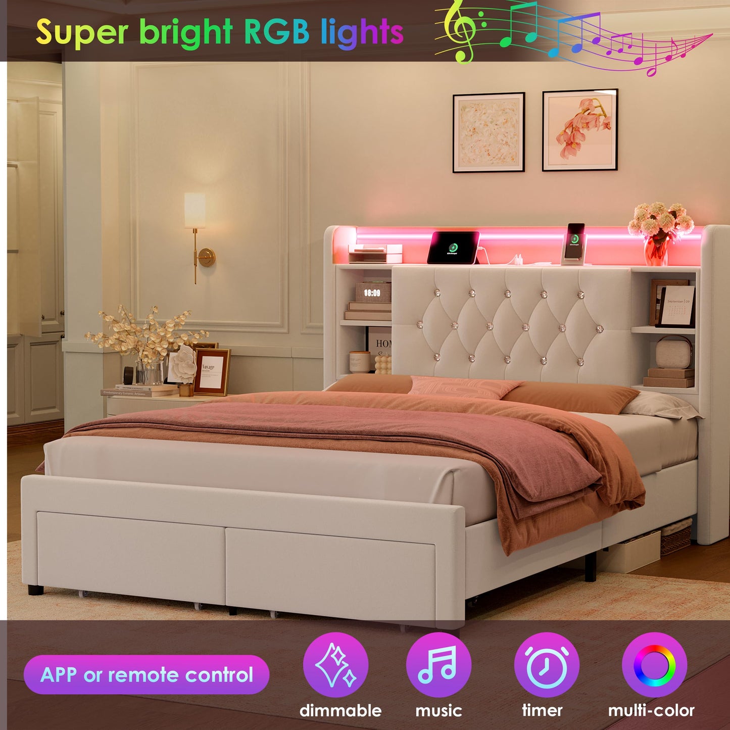 Full Bed Frame with Drawers, Hidden-Cubby & Shelves Storage Headboard with Charging Station and LED Lights, Velvet Upholstered Platform Bed Solid Wooden Slats Support No Box Spring Needed, Beige