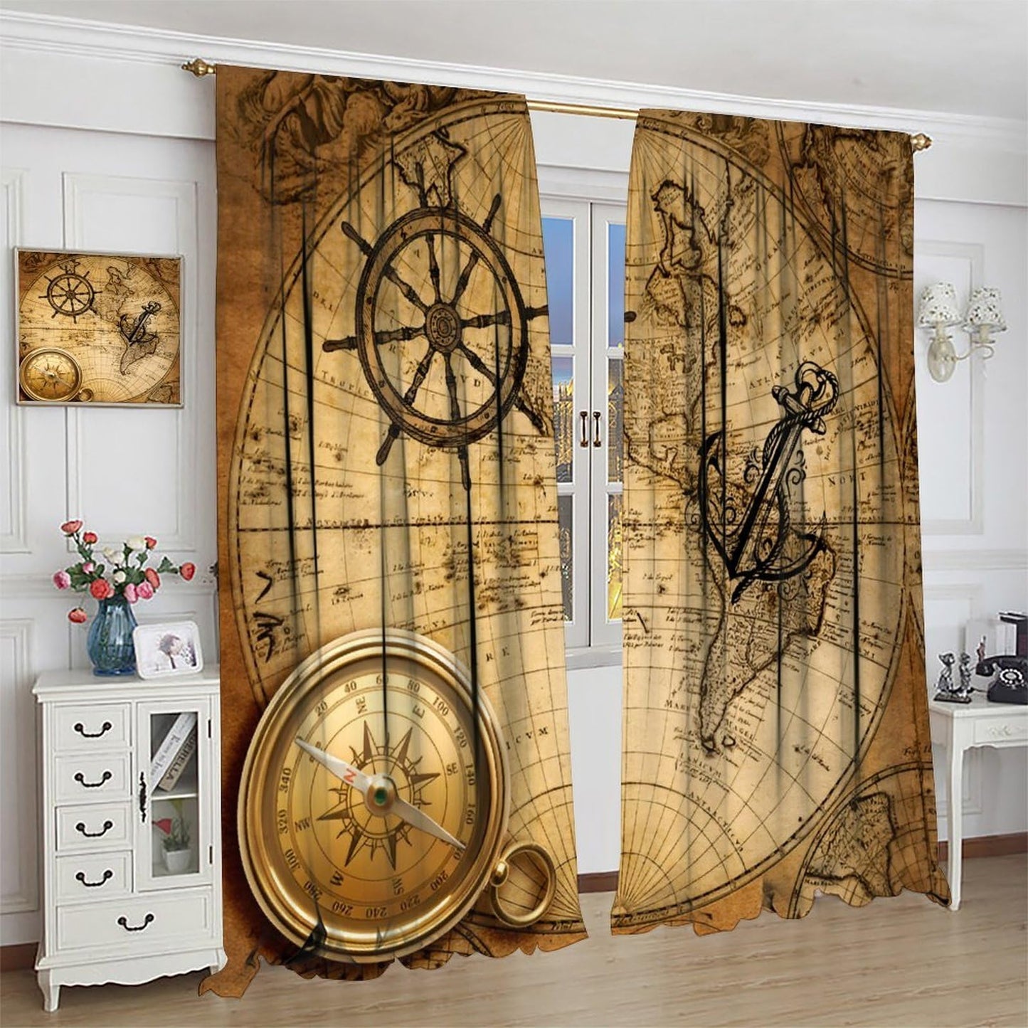 Nanacur World Map Curtains, Vintage Rustic Farmhouse Middle Ages Old Sea Map Nautical Ocean Theme Window Drapes for Bedroom Living Room 41" W X 45" L (No Blackout)