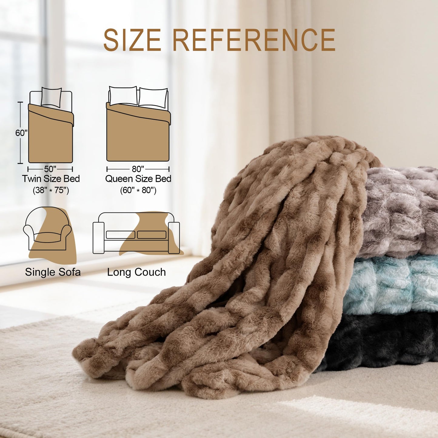 VFROO Ruched Faux Fur Throw Blanket, Soft Plush Fluffy Blanket, Warm Thick Cozy Blanket for Couch Bed and Sofa, Fuzzy Comfy Rabbit Fur Throw Blankets Gifts for Women Mom Her (50"x60",Tie-dye Taupe)