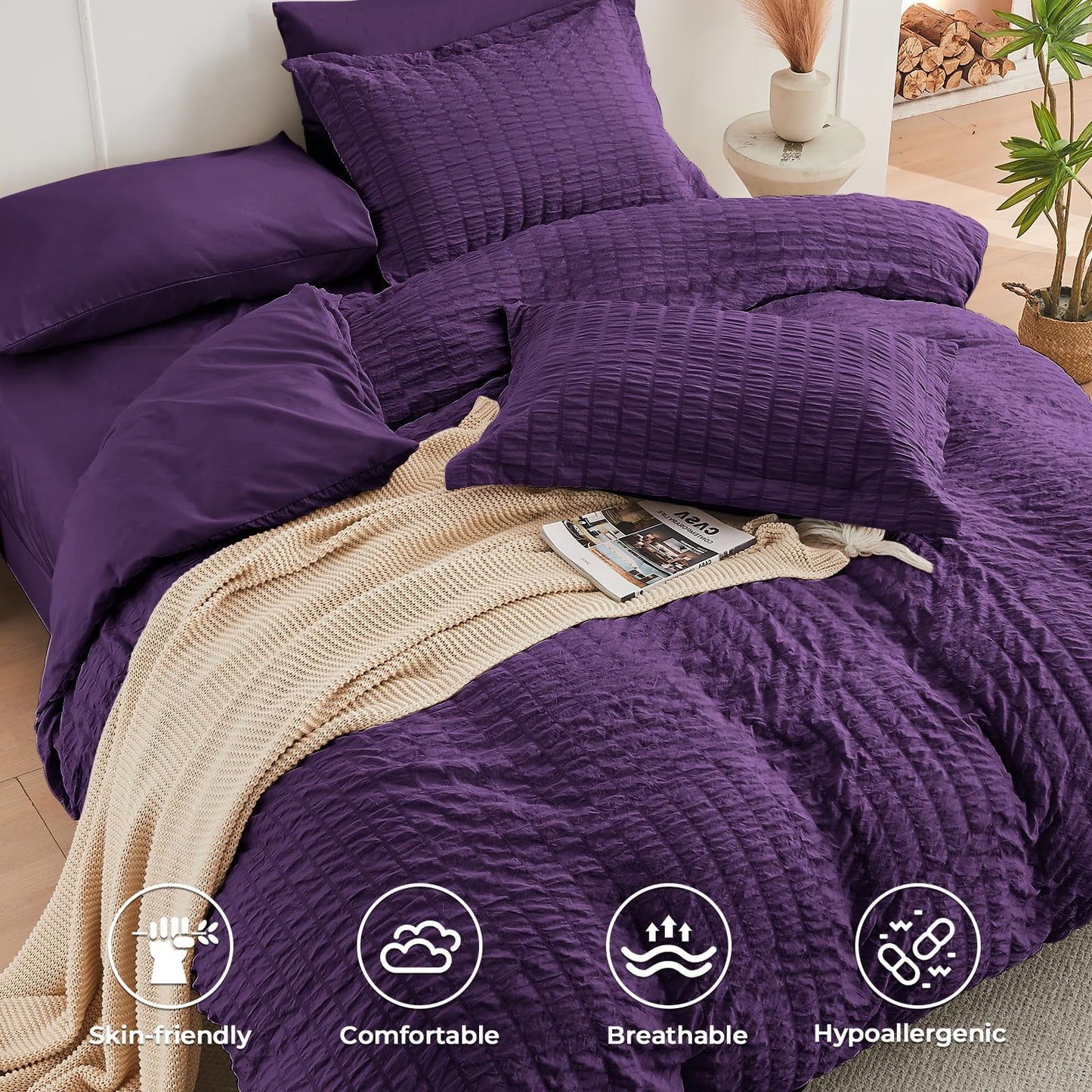 HYMOKEGE Dark Purple Twin Comforter Set Seersucker 5 Pieces, All Season Luxury Bed in a Bag for Bedroom, Bedding Set with Comforter, Sheets, Pillowcase & Sham