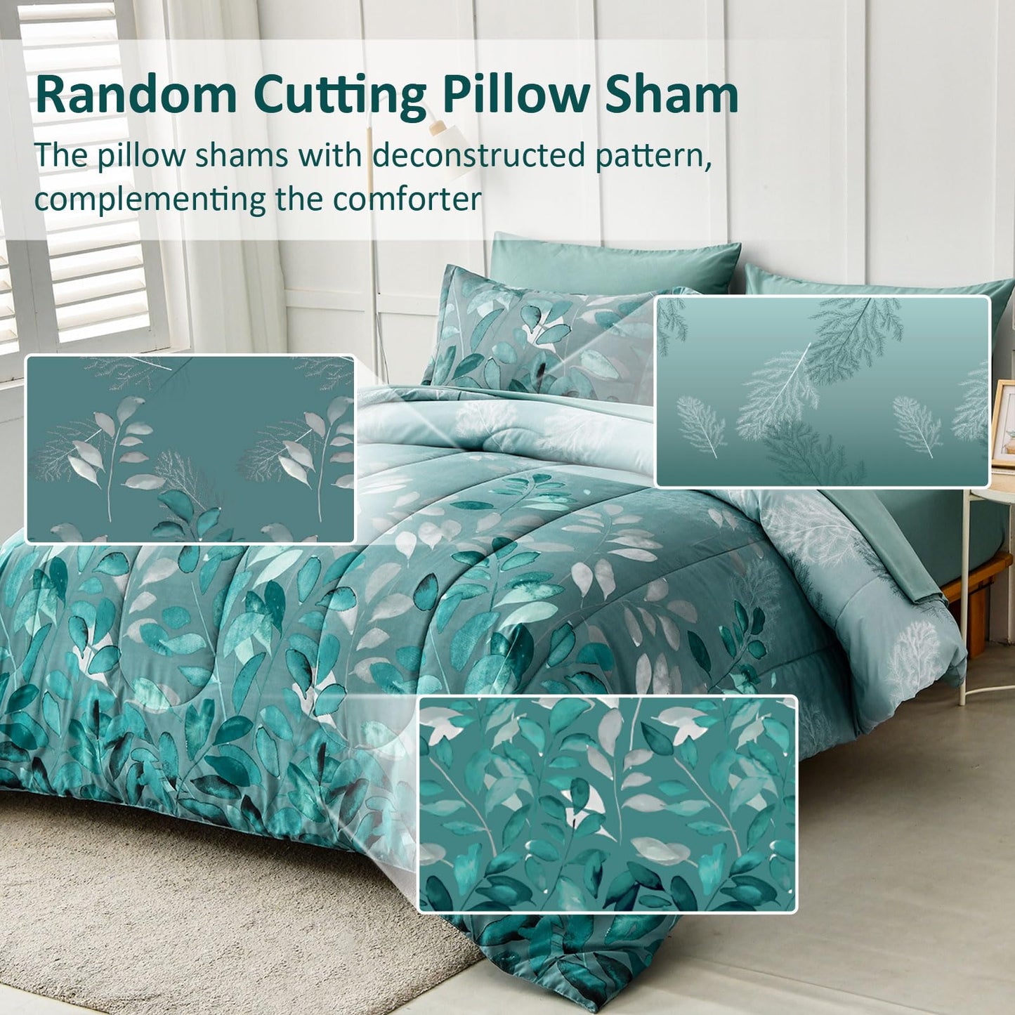 Anibedding Aqua Comforter Set Queen Size, 7 Pieces Botanical Leaves Reversible Soft Microfiber Bed in a Bag with Sheets Set All Season (90"x90")