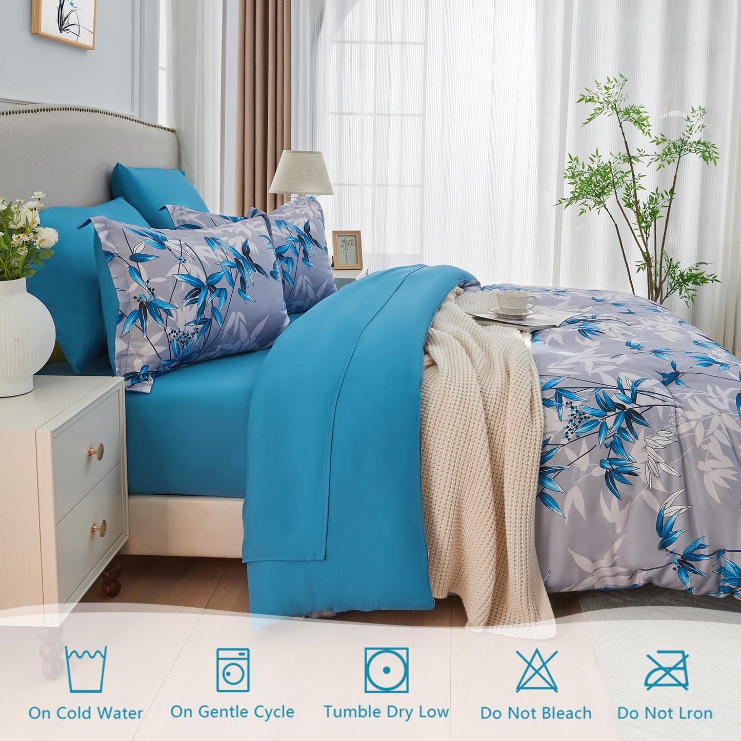 LXWORX Queen Comforter Set Blue - 7 Pieces Bed in a Bag Botanical Leaf Pattern Bedding Set, Soft Lightweight Bed Set with Comforter and Sheets for All Season (Blue,Queen)