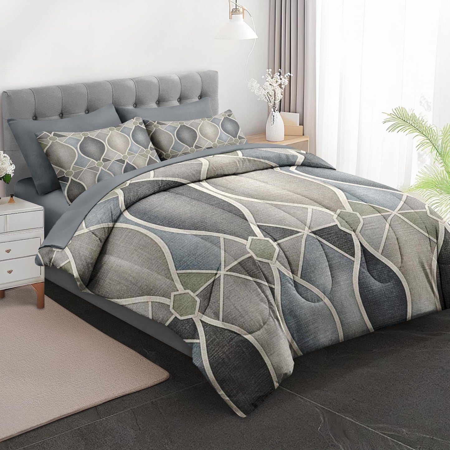 Boewywh Comforter Set Twin Size Geometric Abstract Modern 7 Pcs, Bedding for Kids and Adults, Grey Neutral Bed Sheet Sets with Fitted Sheet 2 Pillowcases & 2 Shams for Bedroom Bed Decor