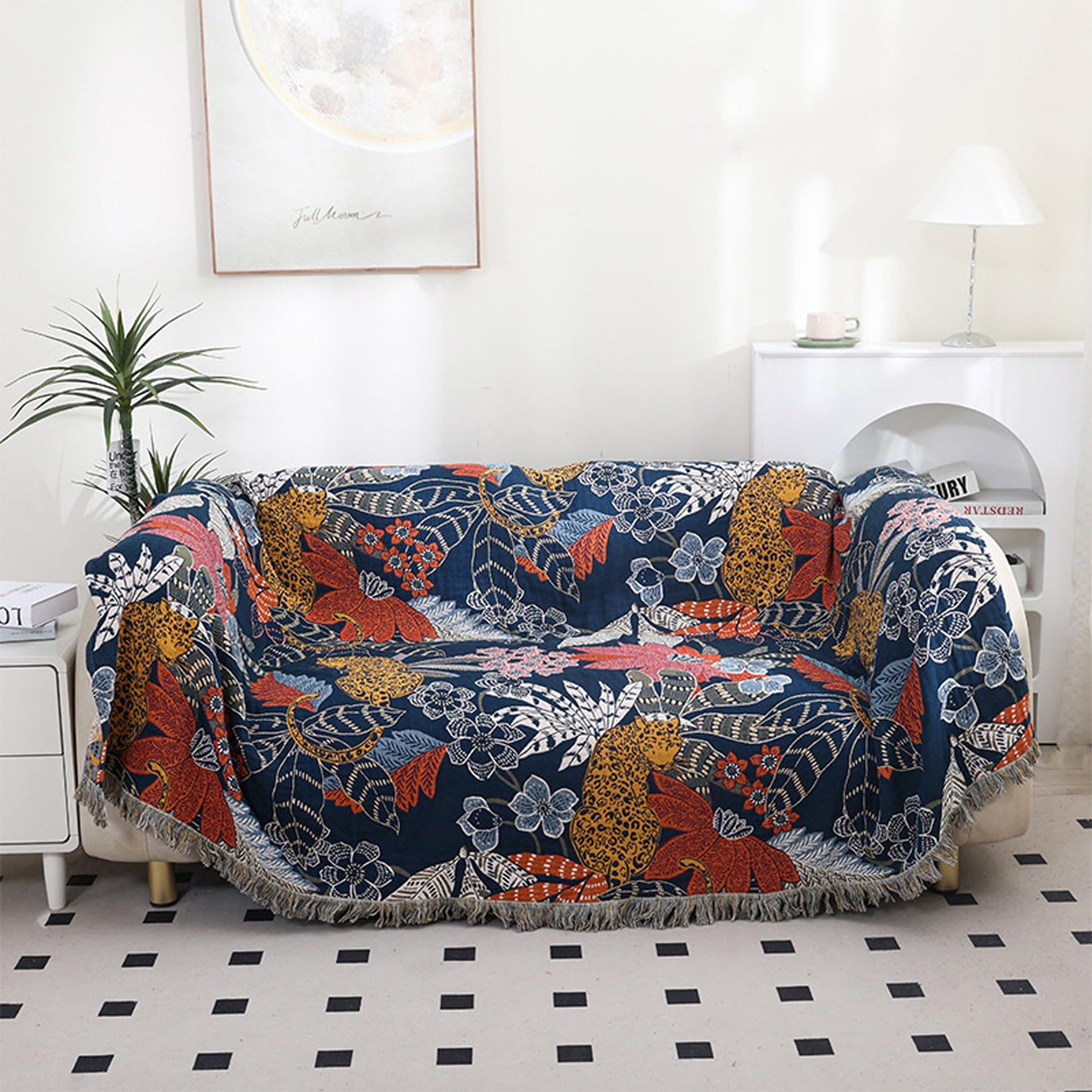 BRYALIX 100% Cotton Muslin Floral and Leopard Blanket, Super Soft Decorative for Couch, Bed Chair Travel Quilt, Reversible Jacquard Fall Coverlet, Lightweight Boho Farmhouse Picnic Blanket, 60"x80"