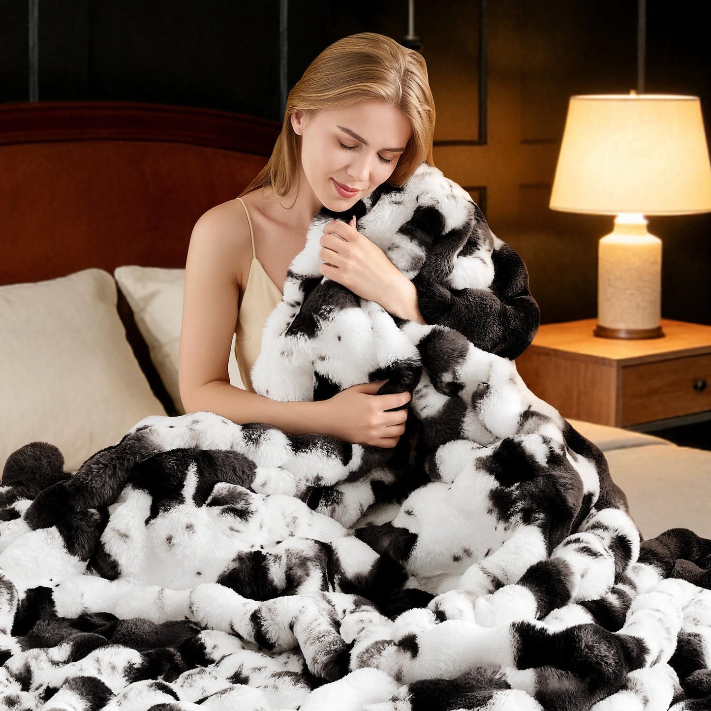 VFROO Ultra Plush Bubble Faux Rabbit Fur Blanket – 950GSM Thick Fluffy Throw Blanket for Bed, Couch, Sofa, Home Decor or Mothers Day Birthday Gifts for Women, 50" × 60", Black Cow