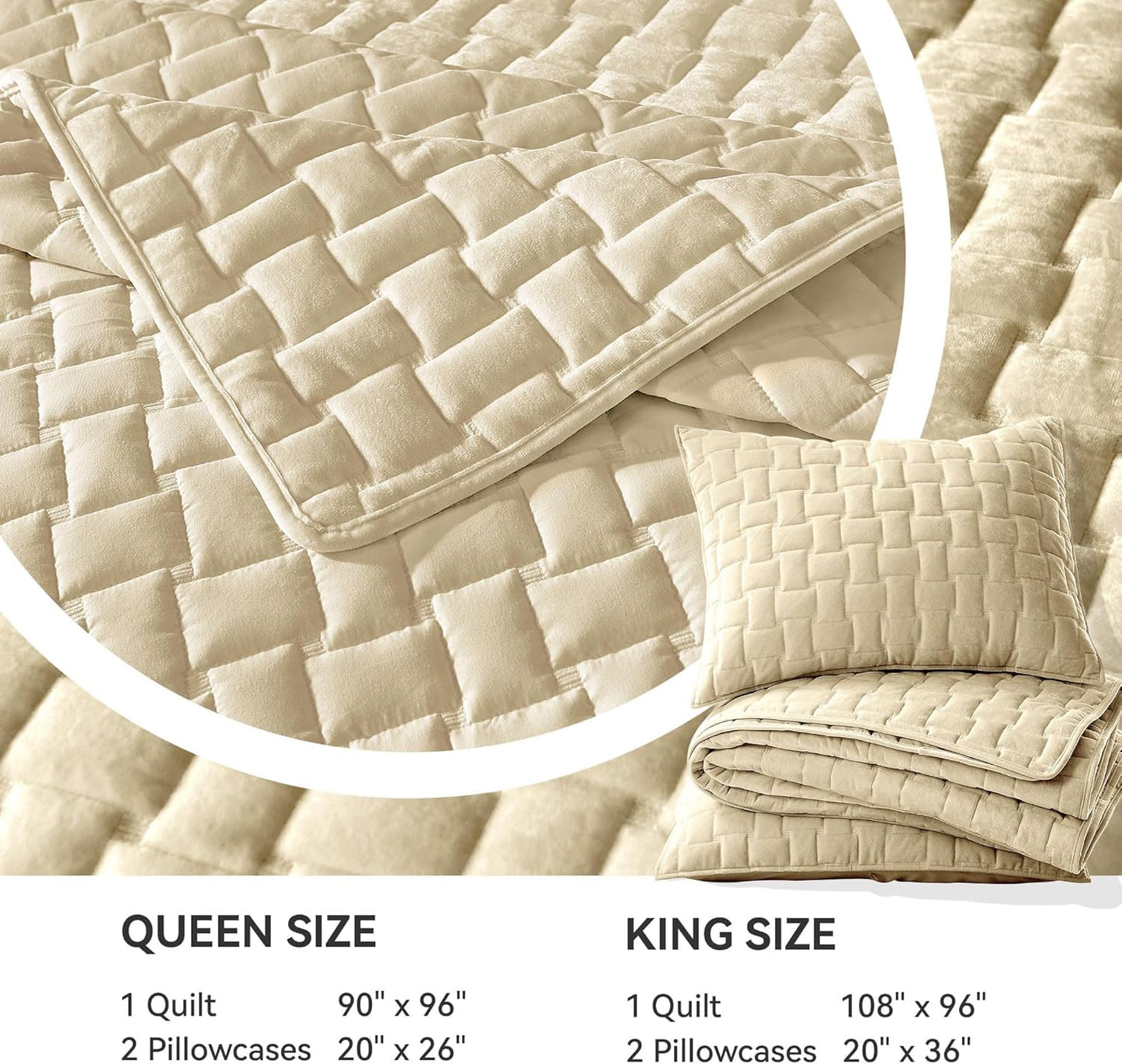 Grassix Velvet Quilt Set Queen Size, 3 Pieces Lightweight Velvet Comforter with Pillow Shams, Geometric Quilted Bedspread Coverlet Bedding Set for All Seasons, Beige, 90"x96"