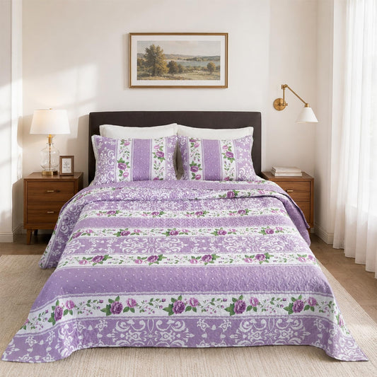 RiverGlow Purple King Quilt Set - Vintage Victorian Rose Bedspreads King Size, Antique Looking Polyester Quilted Coverlet for All Seasons, Purple Floral Bedding for Bedroom (106″×96″)