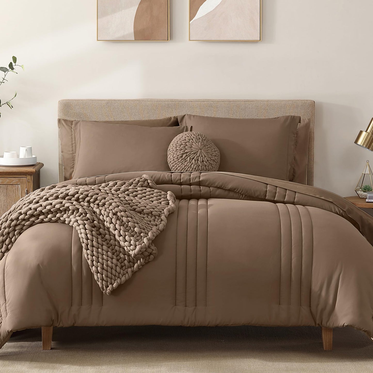 Monbix Queen Comforter Set - 7 Pieces Raw Umber Bed in a Bag Queen Bedding Sets with Comforters, All Seasons Comforter Bed Set with Sheets, Pillowcases & Shams
