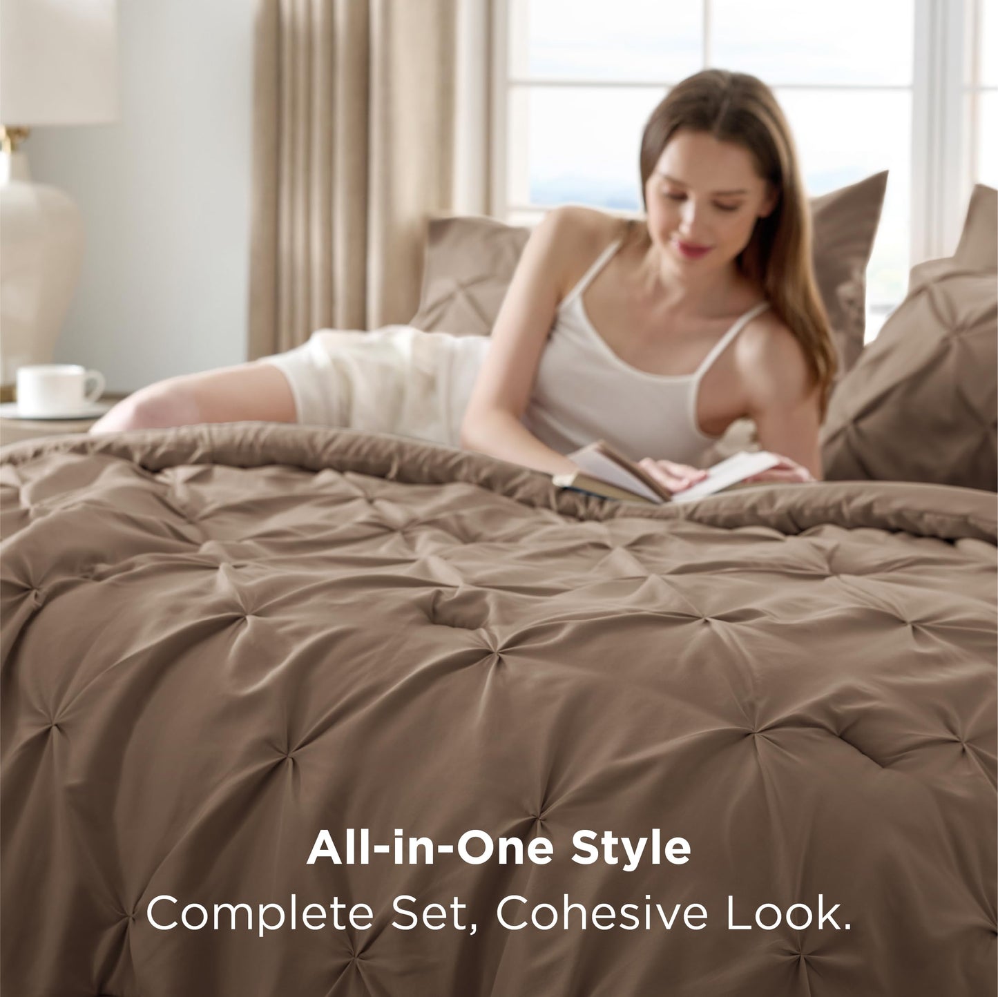 Bedsure Queen Comforter Set Brown - Bed in a Bag Queen Size Bedding 7 Pieces, GentleSoft™ Pintuck Bed Set Gift for Family, All Season Down Alternative Comforter with Sheets, Pillowcases & Shams