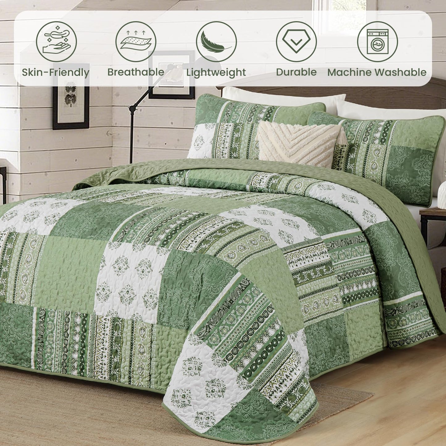 Dintszyayue Boho Quilt Set Queen Size Patchwork Bedspread Coverlet 3 Pieces, Green Boho Quilt Bedding Set Soft Microfiber Summer Bedding Bedspread Set, 96''x90''