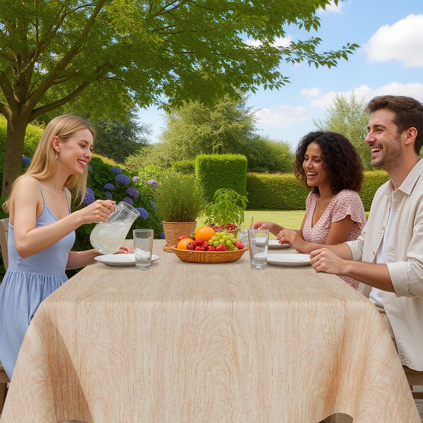 Smiry Rectangle Table Cloth, Waterproof Vinyl Tablecloths with Flannel Backing, Wipeable Spillproof Plastic Wood Grain Table Cover for Dining, Indoor and Outdoor (Beige, 60 "x 84")