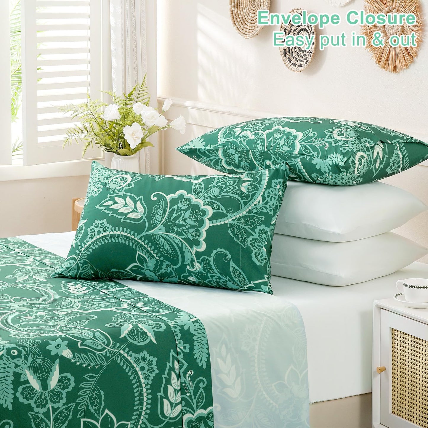 Botanical 6-Piece Full Size Sheets Set, Boho Floral Print Brushed Microfiber Sheets, Cooling Bed Sheet Set, Ultra Soft & Breathable, 16' Deep Pocket Fitted Sheet & Pillowcase Set, Green Paisley