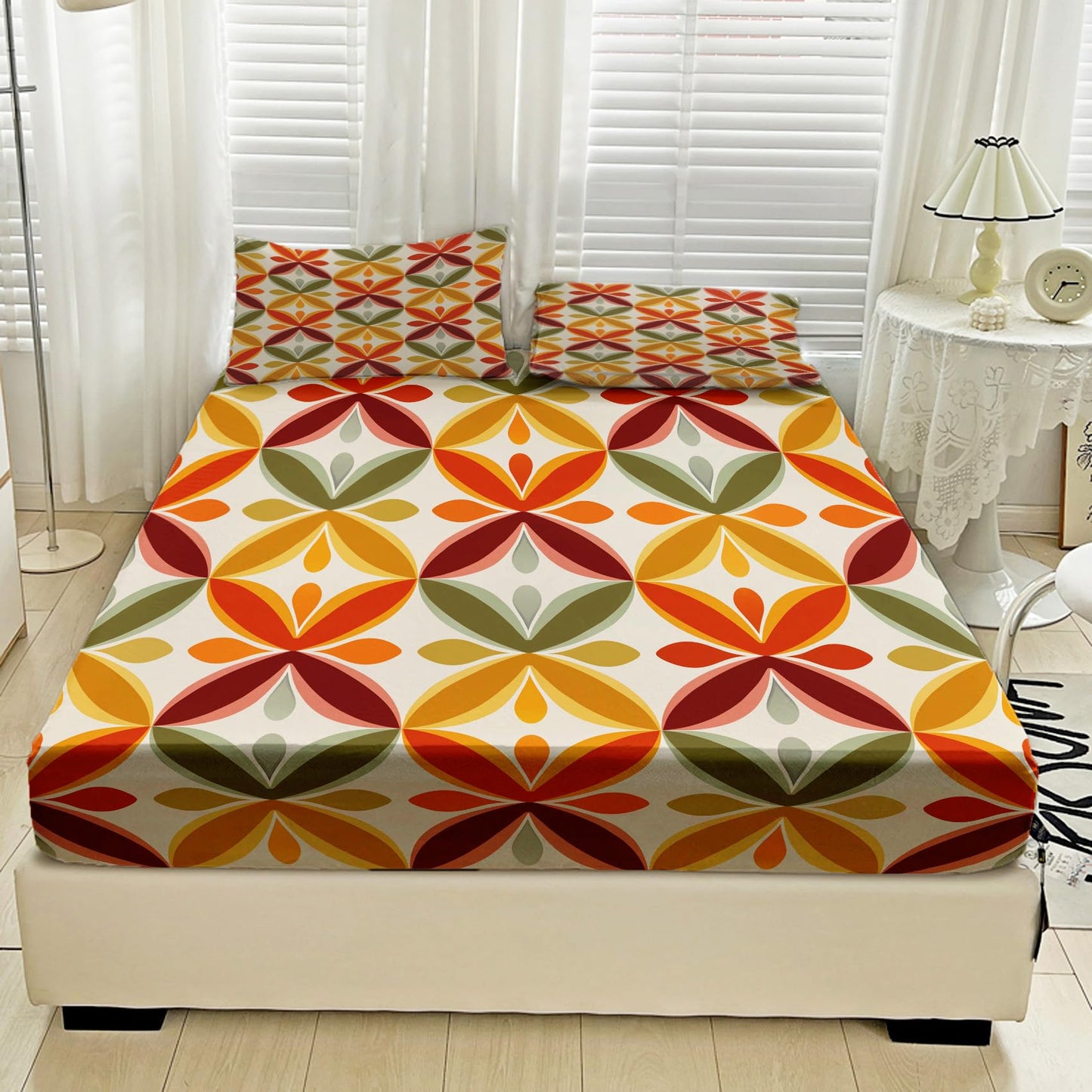 NOGAWA Retro Geometric Sheets Full Size, 70s Bed Sheets, Colorful Bedding Sheets, Pillowcases 4 Piece Set, Microfiber Deep Pocket Fitted Sheet, Flat Sheet, 2 Pillow Cases