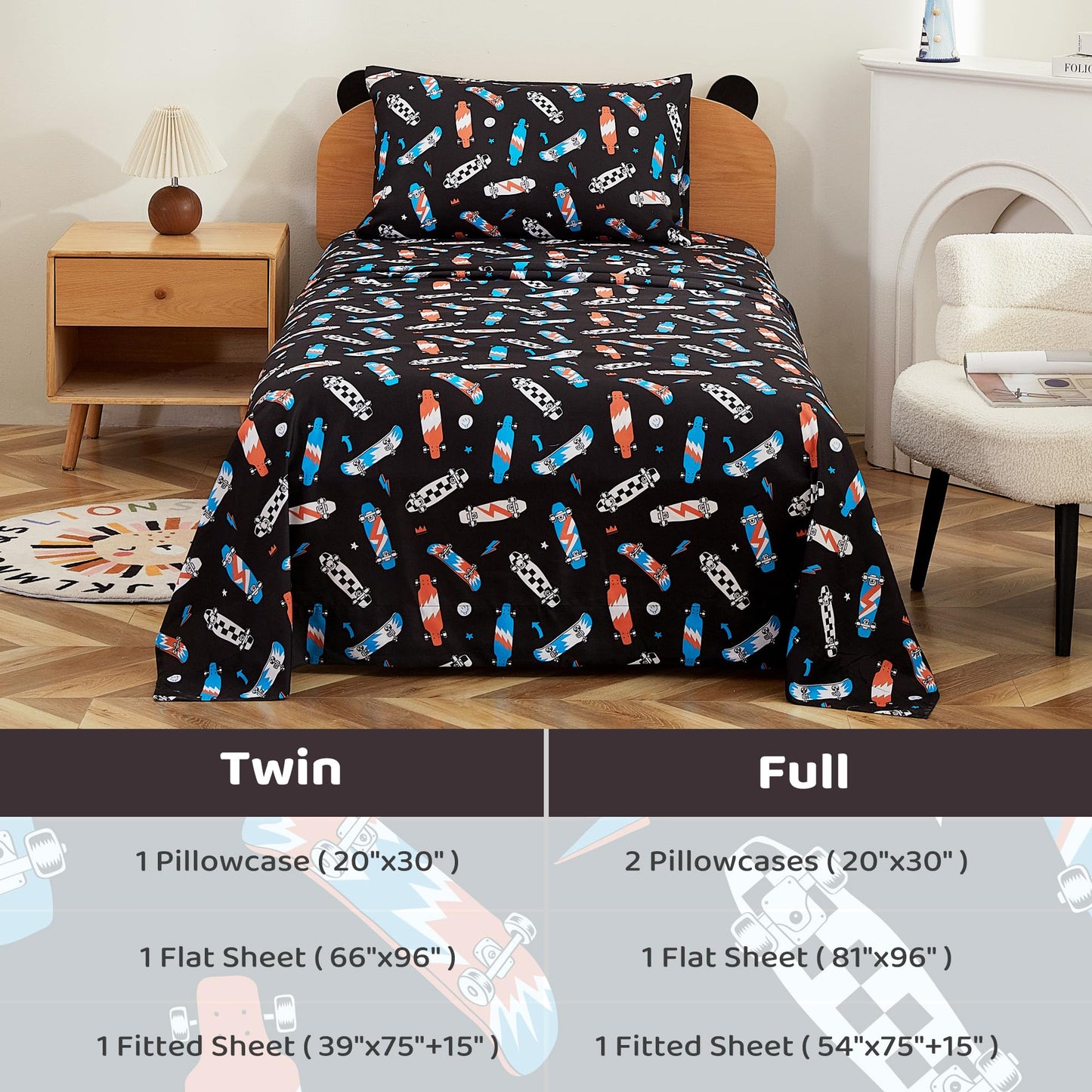 Viviland 3 Pieces Boys Black Twin Sheet Set - Soft Microfiber Fitted Flat Sheets & Pillowcase Bed Sheet Set - Cool Skateboard Bedding Sets for Kids
