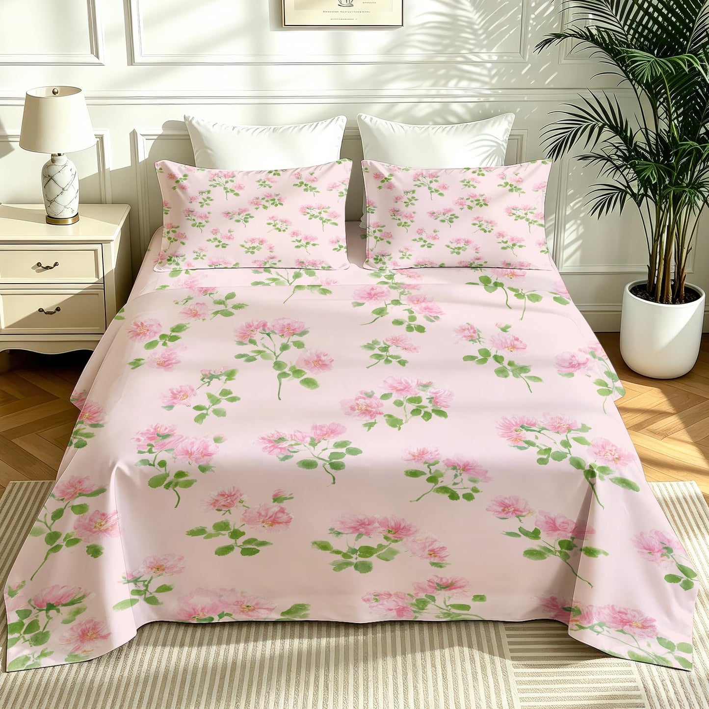 Pink Flower California King Sheet Set Botanical Flat Fitted Sheet Sets