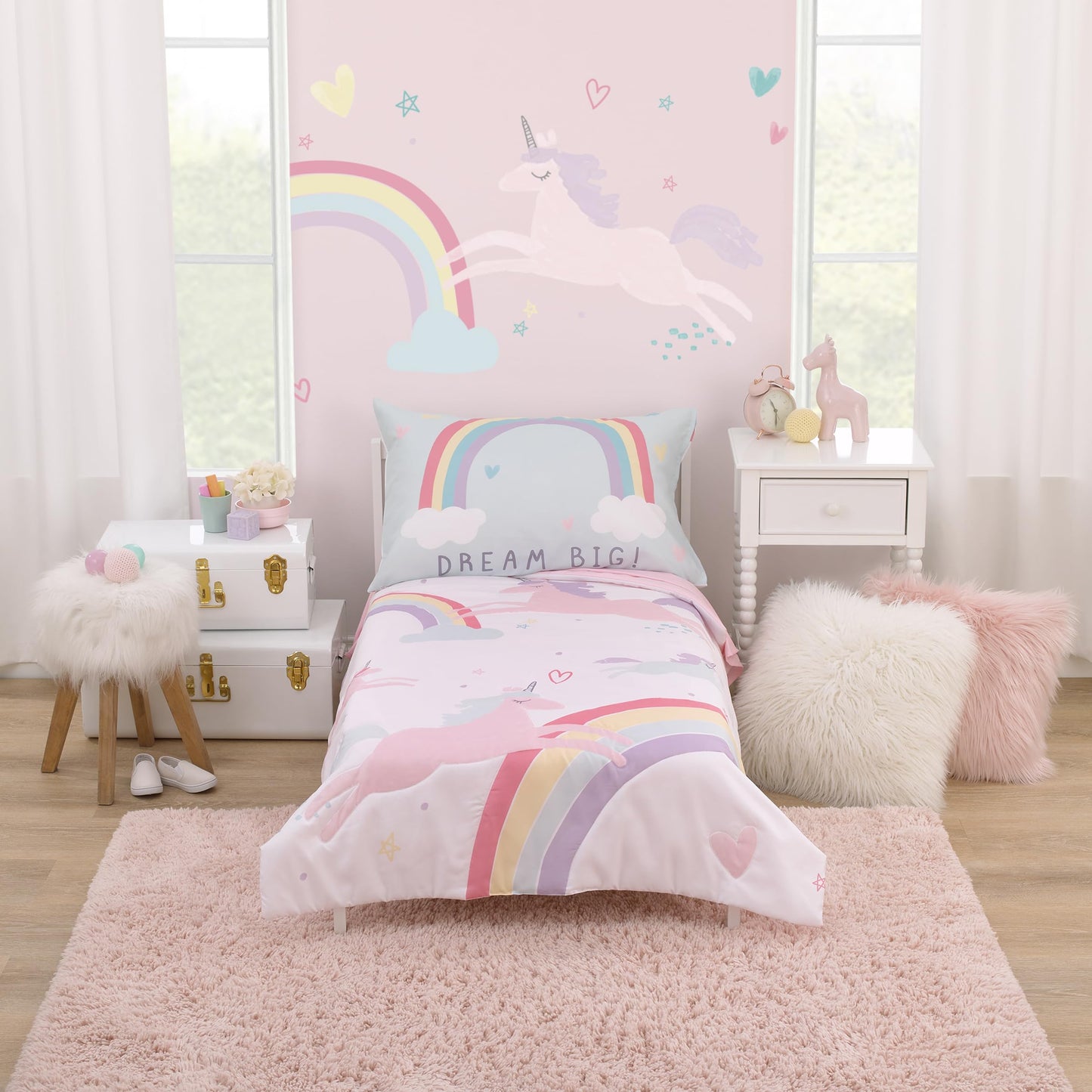 NoJo Carter's Rainbow Unicorn Pink, Purple, and Aqua Dream Big 4 Piece Toddler Bed Set - Comforter, Fitted Bottom Sheet, Flat Top Sheet, and Reversible Pillowcase