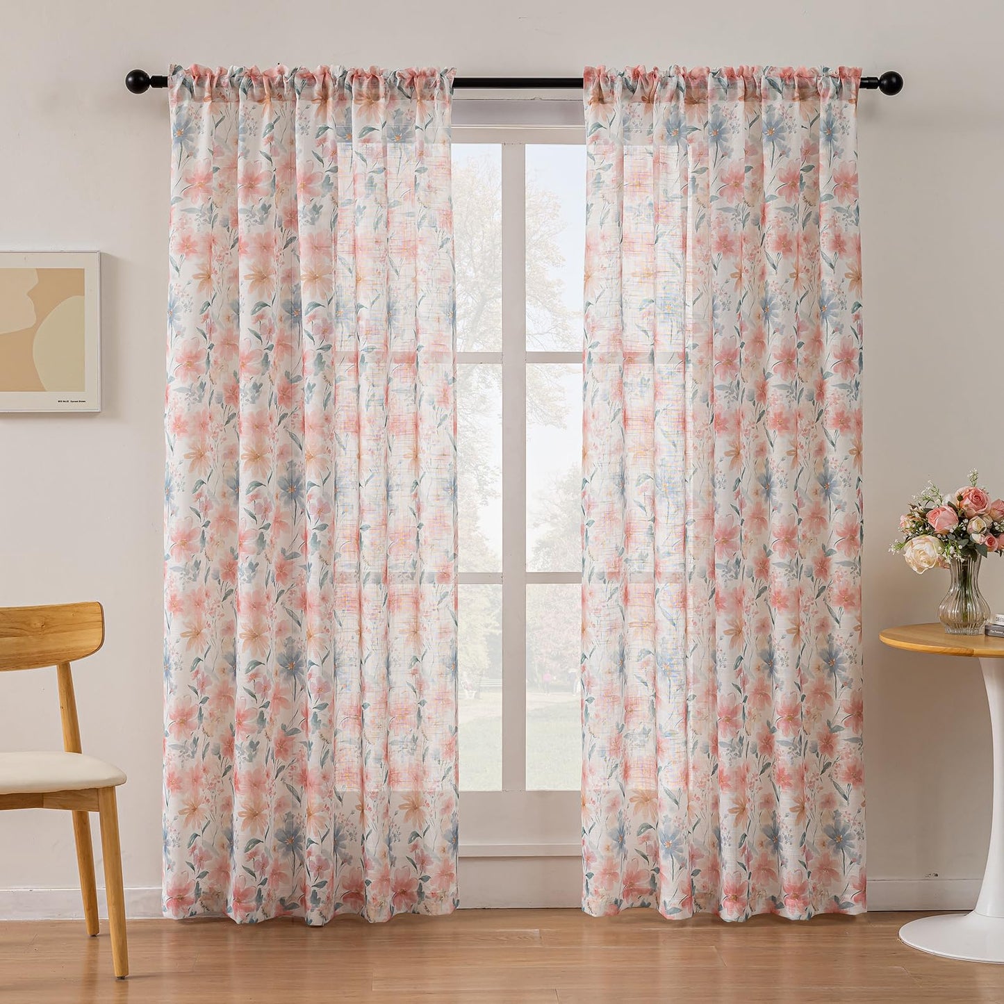 SUOUO Red Floral Semi Sheer Curtains Linen Textured for Living Room 84 inches Long Rod Pocket Print Grey Blue Leaf Window Drapes for Bedroom 2 Panels