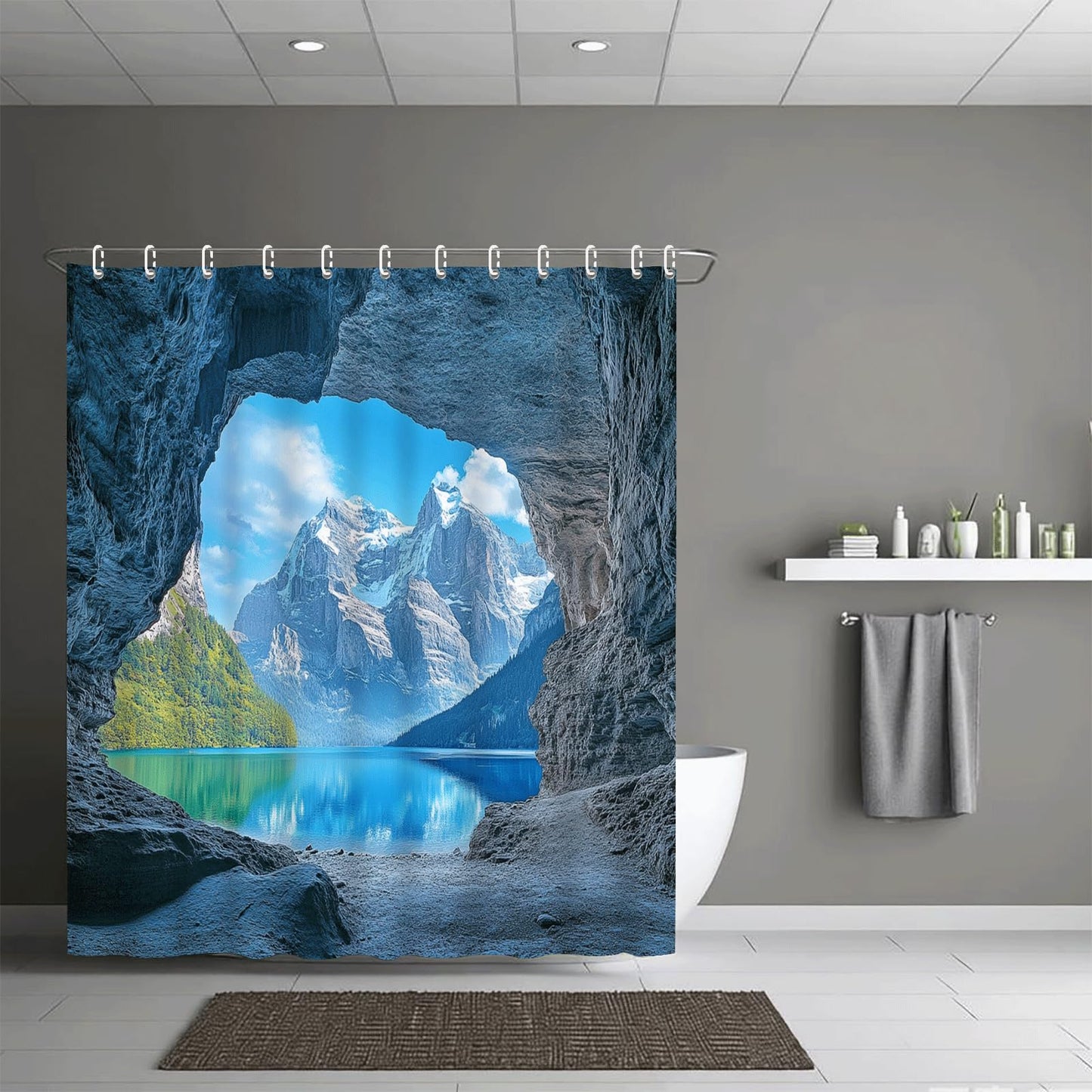 ZROLUW Snow Mountain Lake Shower Curtain Waterproof Soft Polyester Fabric 72" W x 84" L Rock Cave Nature Landscape Shower Curtains with Grommets Bathroom Accessories Decor