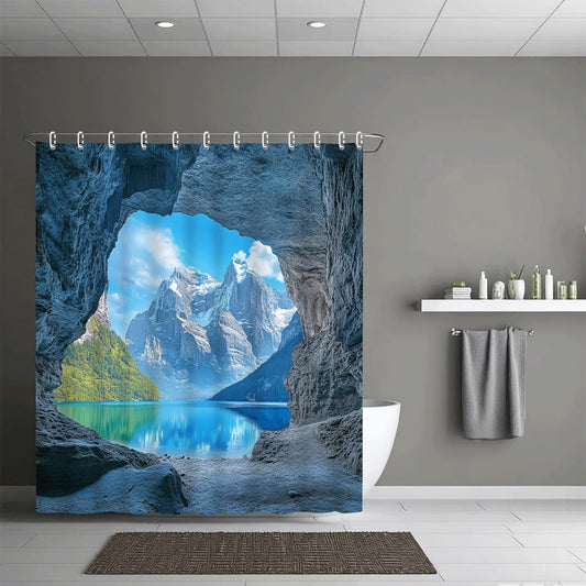 ZROLUW Snow Mountain Lake Shower Curtain Waterproof Soft Polyester Fabric 72" W x 84" L Rock Cave Nature Landscape Shower Curtains with Grommets Bathroom Accessories Decor