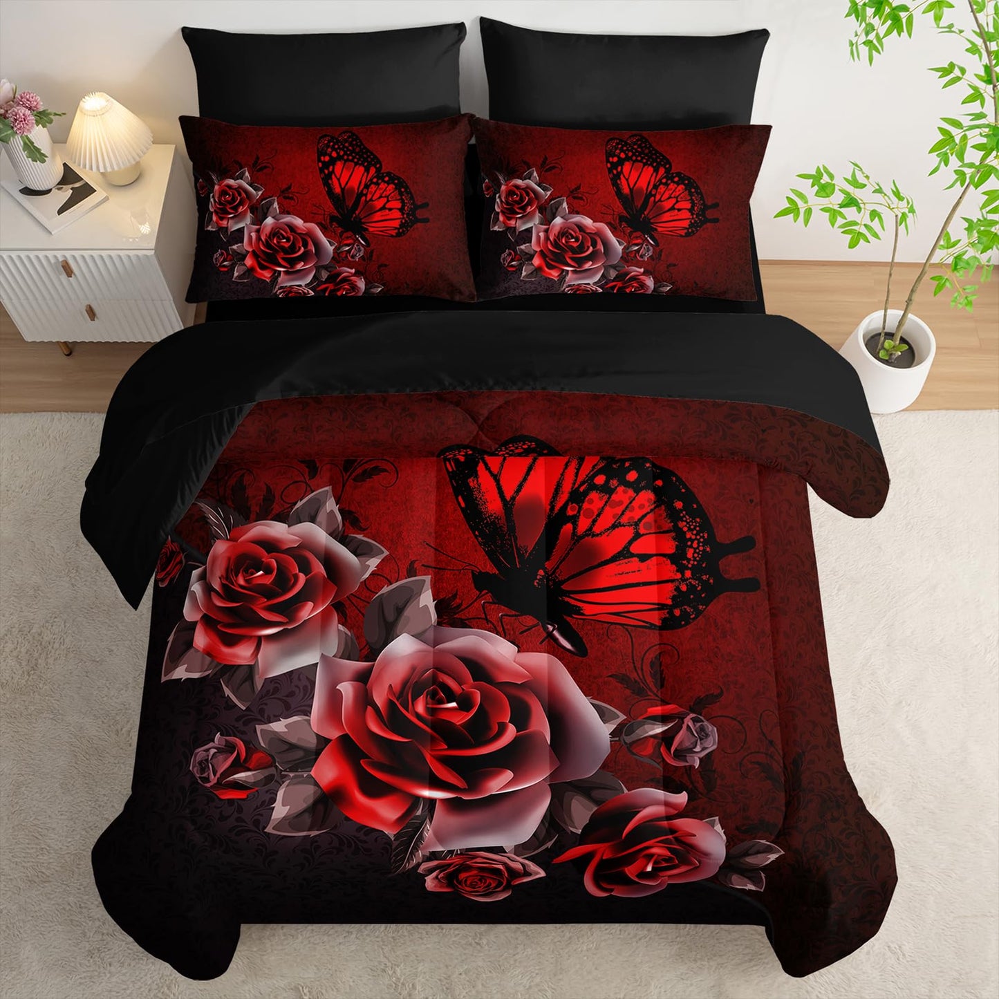 AILONEN Floral Butterfly Comforter Set Queen Size,Red and Black Bed in a Bag,7Pcs Soft Microfiber Retro Butterfly Comforter,Fitted Sheet,Flat Sheet,2 Pillowcases,2 Pillow Shams for Room