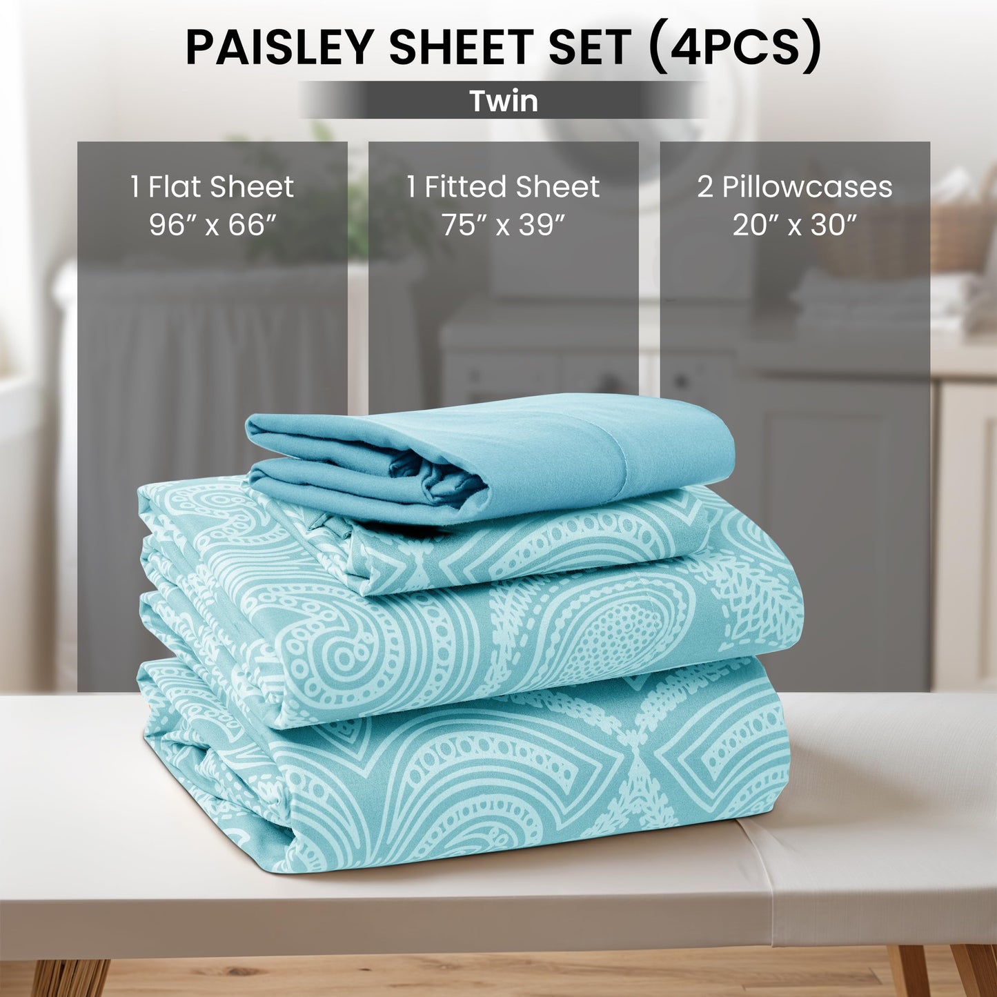 Ultra Soft Wrinkle-Free Microfiber Paisley Twin Sheet Set, Cute Floral Pattern Boho Print – 16" Deep Pocket Fitted Sheet, Flat Sheet & 2 Pillowcases, Breathable, OEKO-TEX - Blue