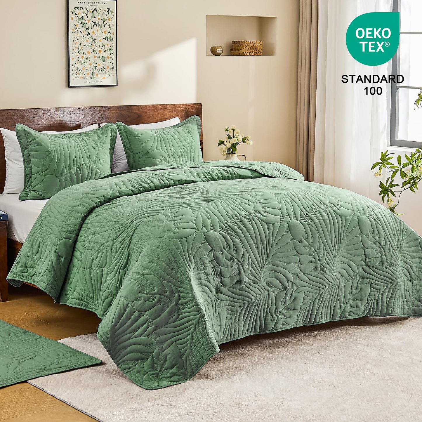 DaisyHuang Botanical Quilt Set King Size -Leaves Pattern Stitching Quilt Set - Elegant & Fresh Style Bedspread Coverlets, Ultra Soft, Reversible, Lightweight, 4 Piece with Floor Mat, Olive Green