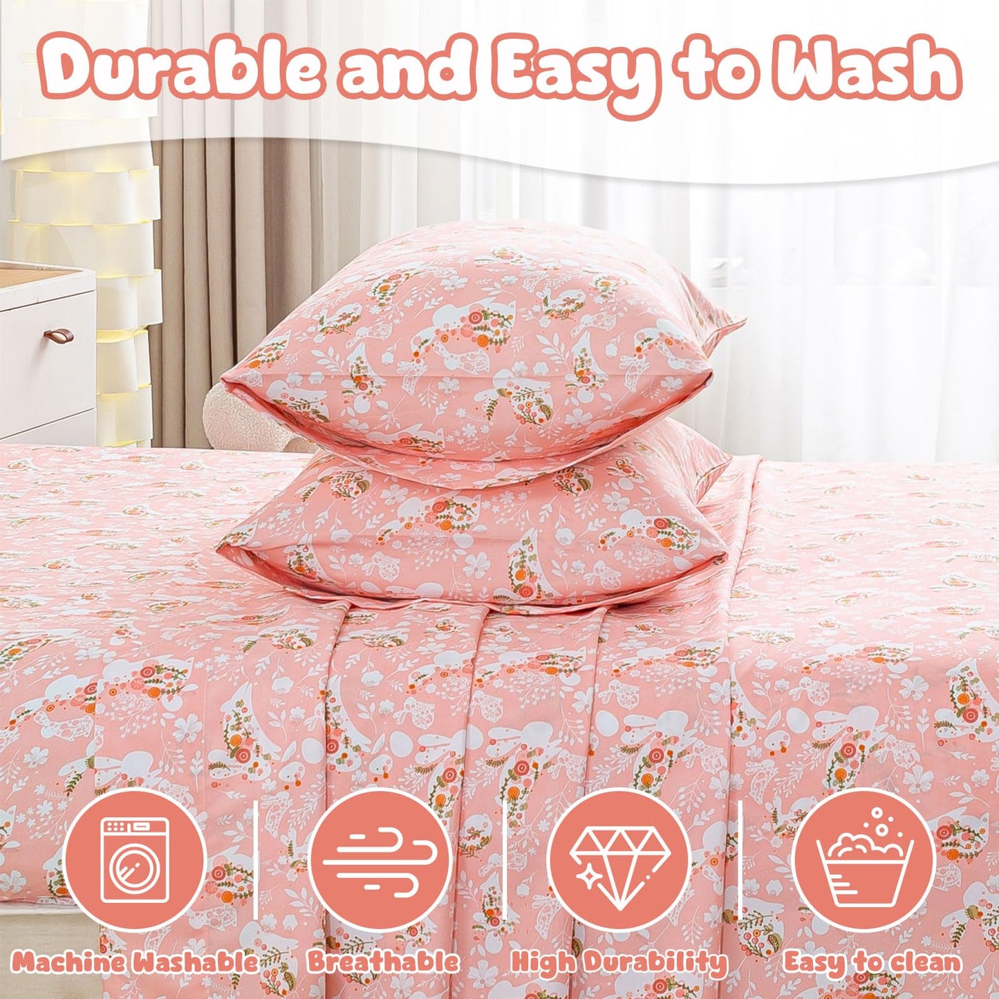 LONAVA Twin Sheet Set Kids - Pink Bunnie 3 Pieces Soft Cute Microfiber Bed Sheet for Boy Girls Teens, Oeko Texted Breathable Cooling Fabric & Deep Pocket Full Elastic Sheets