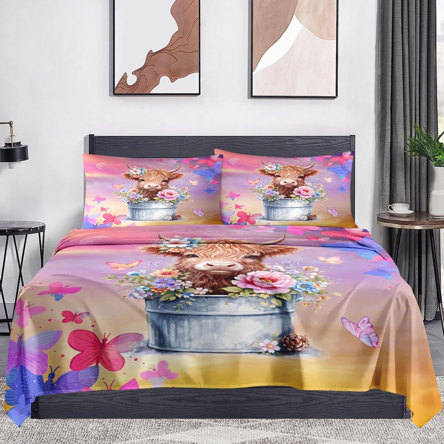 WeCozy 4 Pcs Queen Size Bed Sheet Sets with 2 Pillowcases, Cow Butterfly Floral Soft Microfiber Bedding for Kids and Adults, Boho Highland Cow Flat, Fitted Sheet for Bedroom Bed Decor