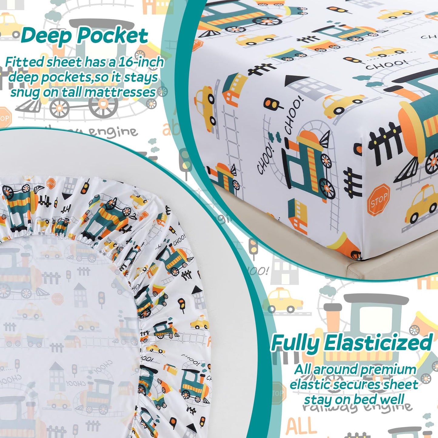 ChicView Twin Sheet Set Kids,3 Pieces Breathable Soft Microfiber Bedsheets for Child Boys Girls, Anti Pilling Deep Pockets Easy Care Bed Sheets, Train