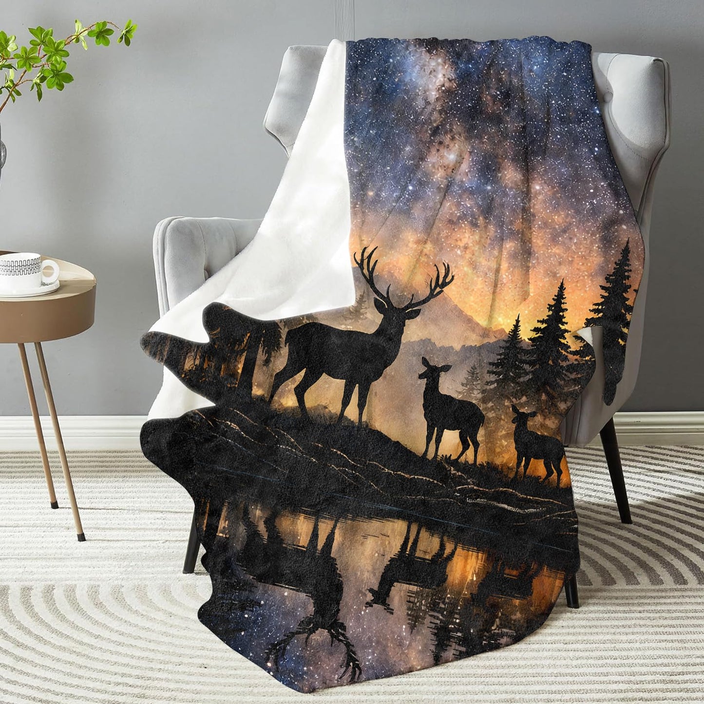dhakalrlde Forest Deer Silhouette Galaxy Blanket, Soft Deer Family Starry Night Throw Blanket Gifts for Women Girls, Lightweight Warm Cozy 60×50 inch Animal Flannel for Couch, Travel, Bed, Decor