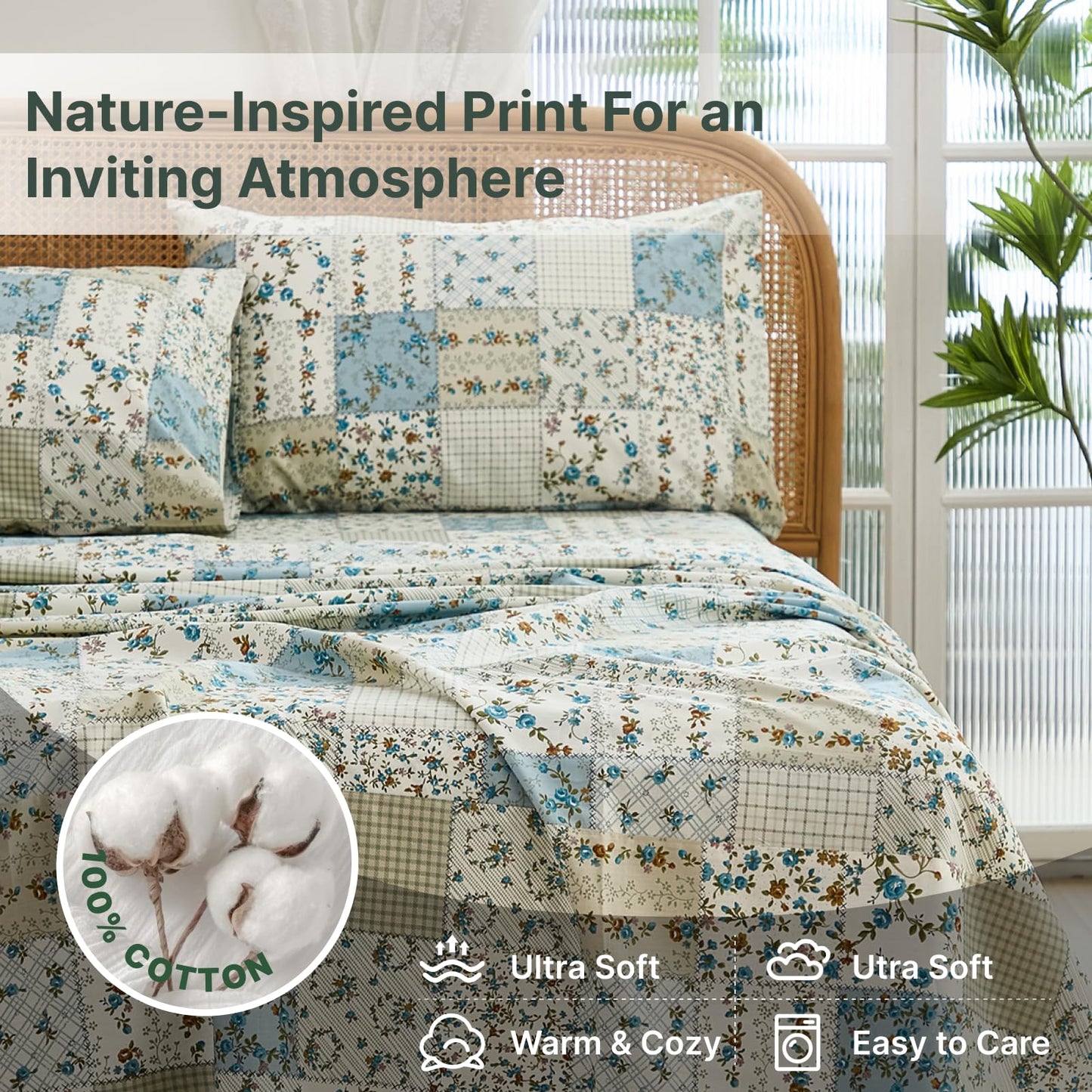 Cozaline Shabby Chic Floral Patchwork Sheets Set Queen Size, Crisp Cooling Sheets with a Smooth Cotton Percale Lightweight Feel, 4 Pieces Luxury Soft Deep Pocket Fitted Sheet 17.5''